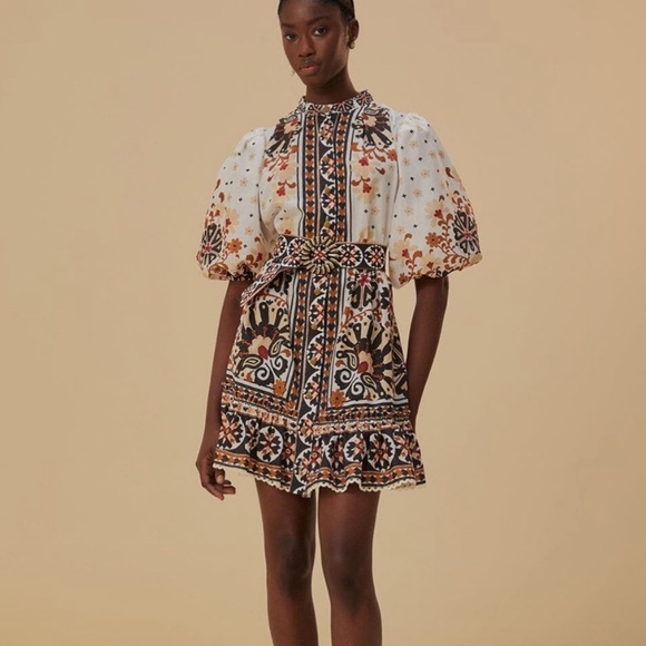 Farm Rio Flower Fan Tapestry Print Puff Sleeve Belted Mini Shirtdress - Picture 2 of 6